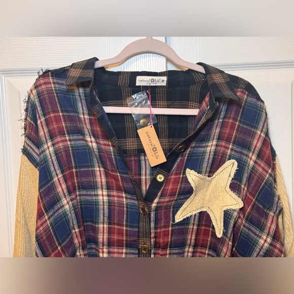 NWT Natural Life Carter Appliqué Oversized Flannel Shirt , Cream Star - Picture 7 of 8